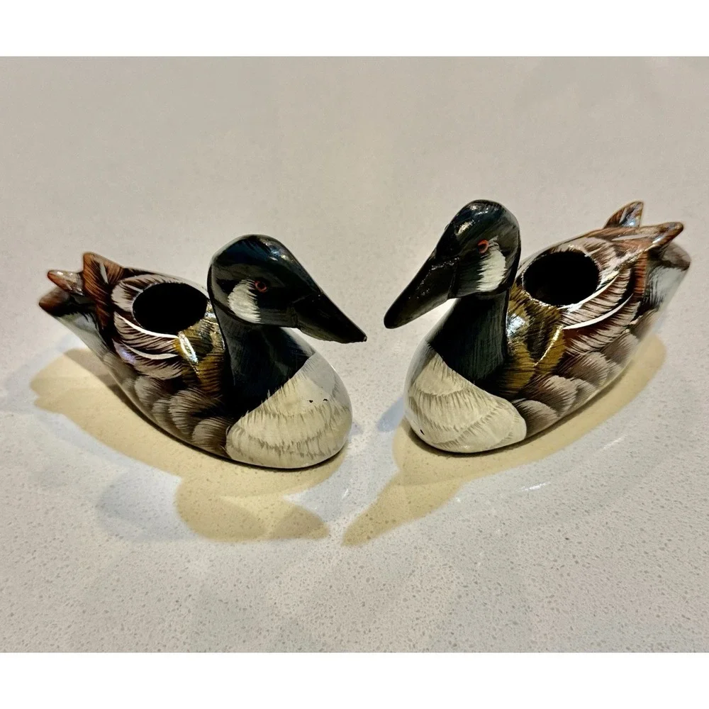 Vintage Wooden Duck Hand Carved Decoy‎ Hand Painted Candle Holders Set Of 2